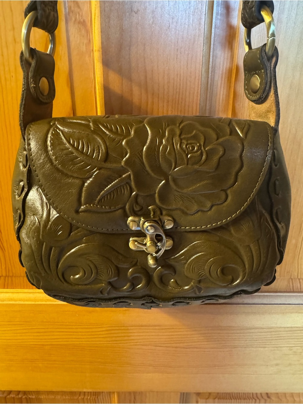 Patricia Nash Micaela Rosetool Olive Embossed Floral Leather Shoulder Bag